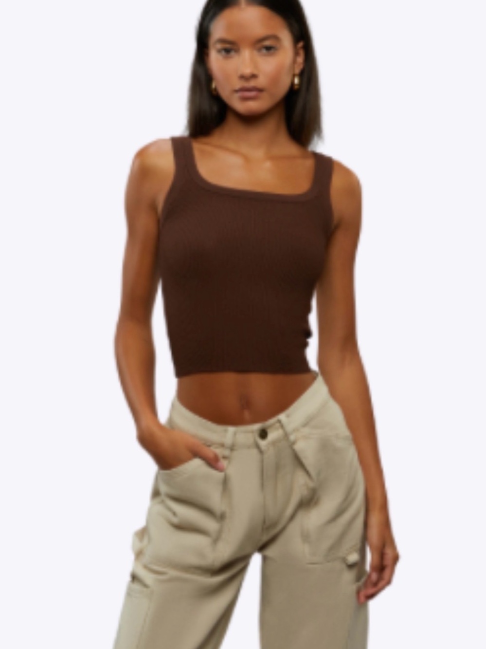 Square Neck Ribbed Crop Tank Top - Brown